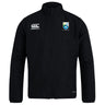 The Las Colinas Rugby Club Track Jacket by EMB Canterbury is a lightweight black jacket with a zipper, featuring a white Canterbury logo on the right chest and a blue and yellow crest on the left.