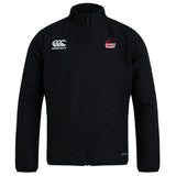 The Guilford College Club Track Jacket by EMB Canterbury features long sleeves, a stand-up collar, and Canterbury and Quaker Rugby logos on the chest. This lightweight jacket appears against a plain white background.