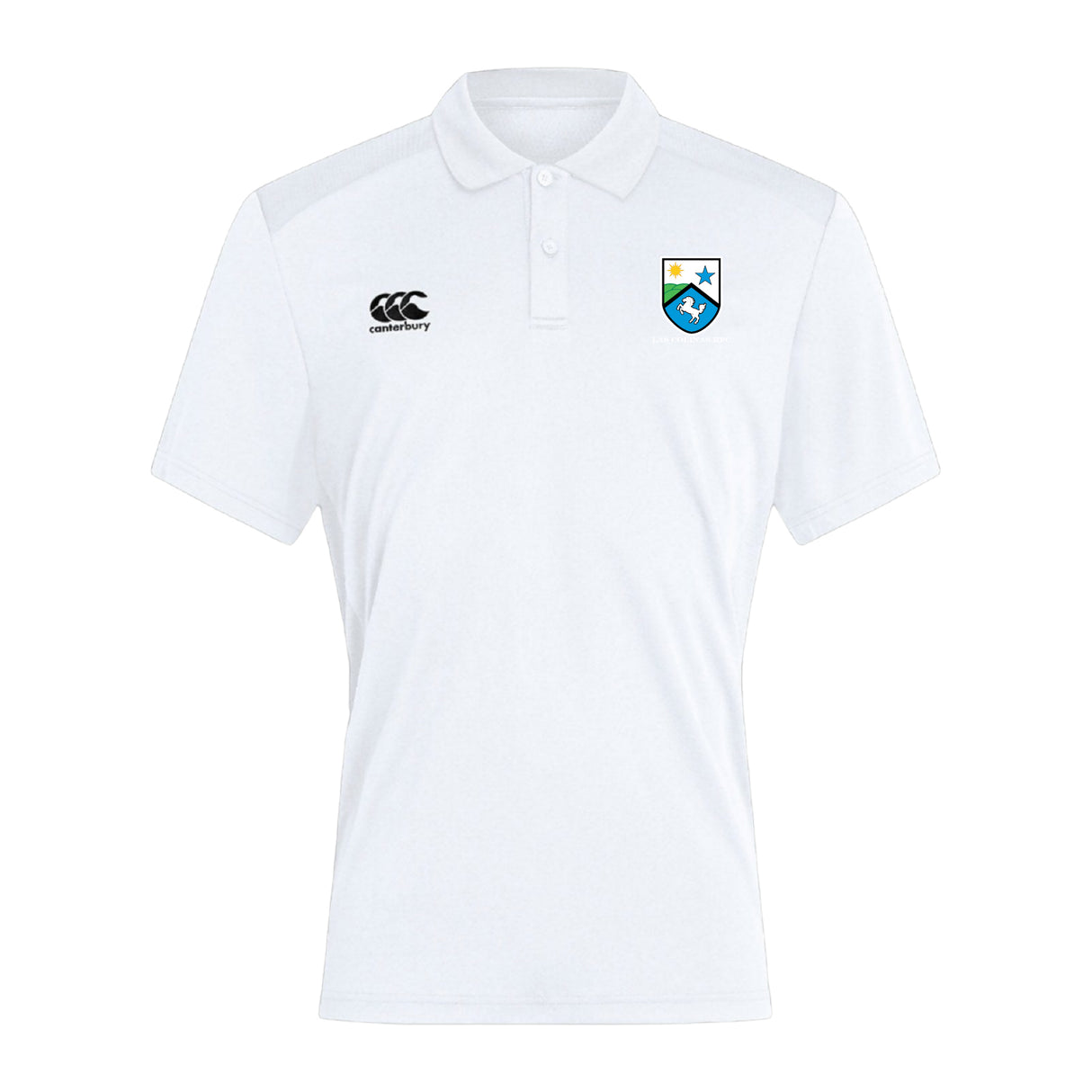 The Las Colinas Rugby Club Dry Polo by EMB Canterbury is a white, short-sleeved polo with a collar, logos on the chest, and features Vapodri Technology for breathable comfort.