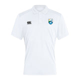 The Las Colinas Rugby Club Dry Polo by EMB Canterbury is a white, short-sleeved polo with a collar, logos on the chest, and features Vapodri Technology for breathable comfort.