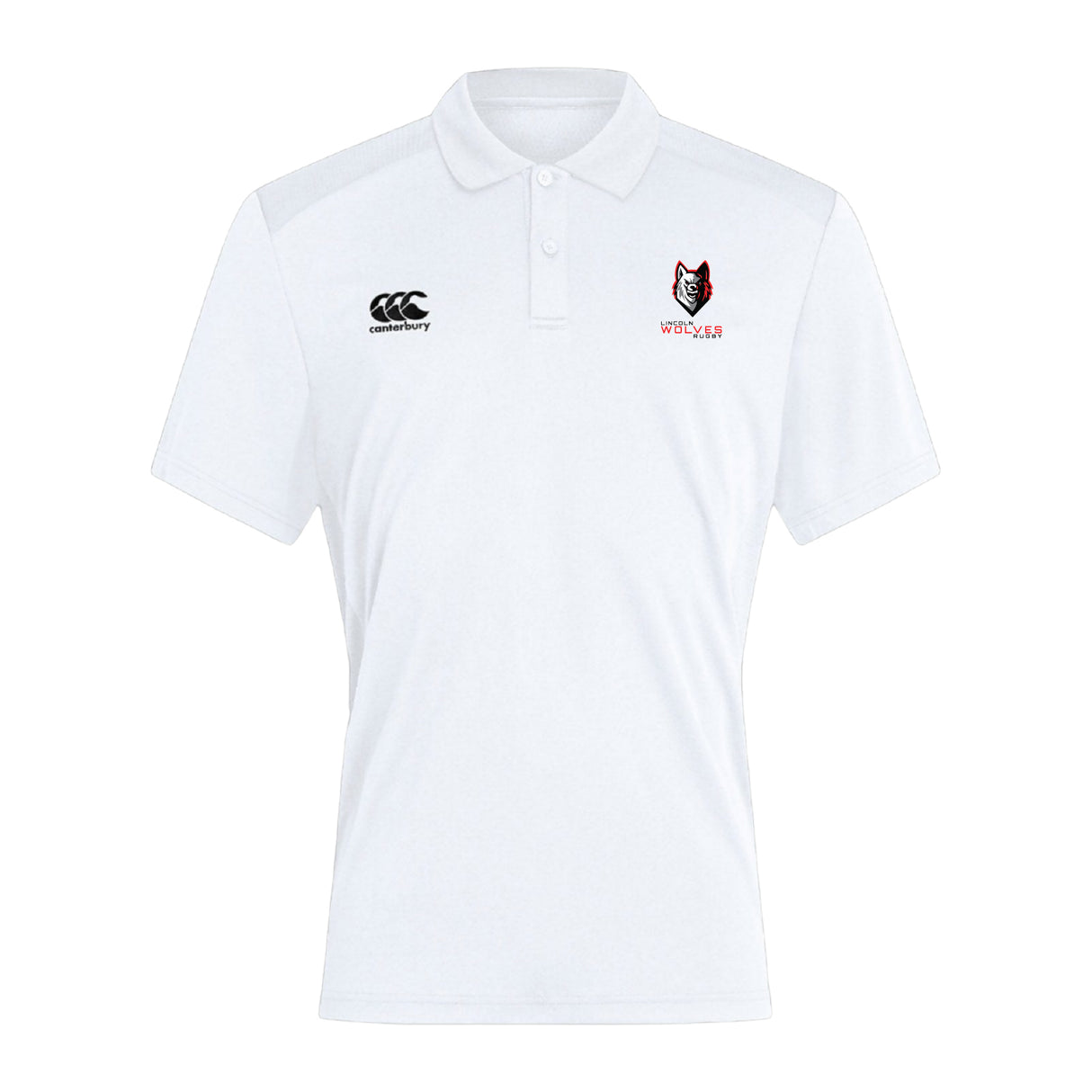The Lincoln Wolves Club Dry Polo by EMB Canterbury is a white, short-sleeved collared polo with black "Canterbury" and "Wolfpack" chest logos, made with Vapodri tech to keep you cool and comfortable.