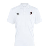 The Lincoln Wolves Club Dry Polo by EMB Canterbury is a white, short-sleeved collared polo with black "Canterbury" and "Wolfpack" chest logos, made with Vapodri tech to keep you cool and comfortable.