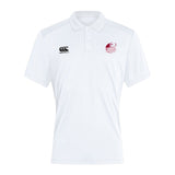 The Guilford College Club Dry Polo by EMB Canterbury is a white short-sleeve polo with a collar, Vapodri Technology for breathability, a black Canterbury logo on the right chest, and a red Osaka Rugby logo on the left chest.