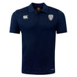 The Franklin County High School Rugby Club Dry Polo by EMB Canterbury features navy blue short sleeves, a collar with three buttons, white Canterbury logo on the right chest, Fly Emirates RFC badge on the left, and breathable Vapodri Technology.