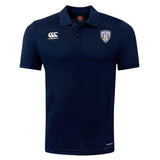 The Franklin County High School Rugby Club Dry Polo by EMB Canterbury features navy blue short sleeves, a collar with three buttons, white Canterbury logo on the right chest, Fly Emirates RFC badge on the left, and breathable Vapodri Technology.