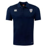 The Franklin County High School Rugby Club Dry Polo by EMB Canterbury features navy blue short sleeves, a collar with three buttons, white Canterbury logo on the right chest, Fly Emirates RFC badge on the left, and breathable Vapodri Technology.