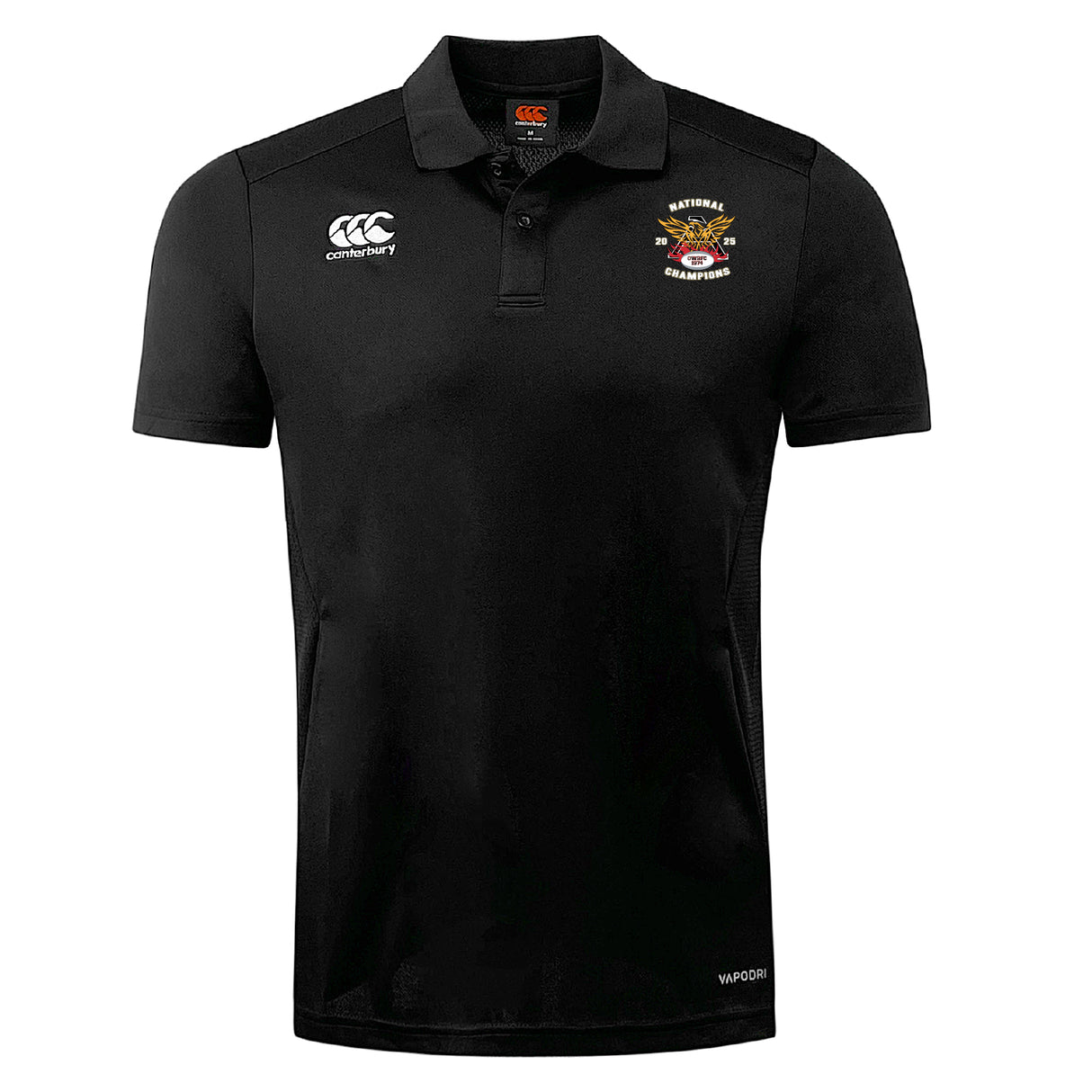 The Atlanta Old White Rugby Champs Club Dry Polo by EMB Canterbury features a breathable black design, Vapodri technology, the Canterbury logo on the right chest, and a crest with "NATIONAL CHAMPIONS" on the left.