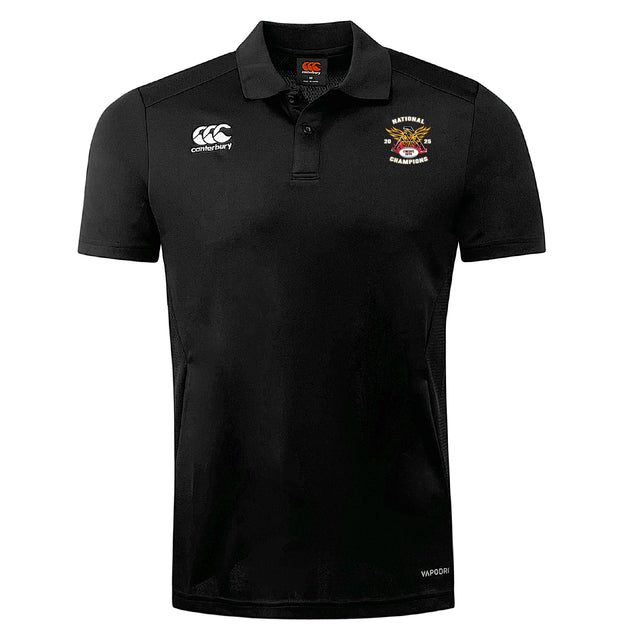 The Atlanta Old White Rugby Champs Club Dry Polo by EMB Canterbury features a breathable black design, Vapodri technology, the Canterbury logo on the right chest, and a crest with "NATIONAL CHAMPIONS" on the left.