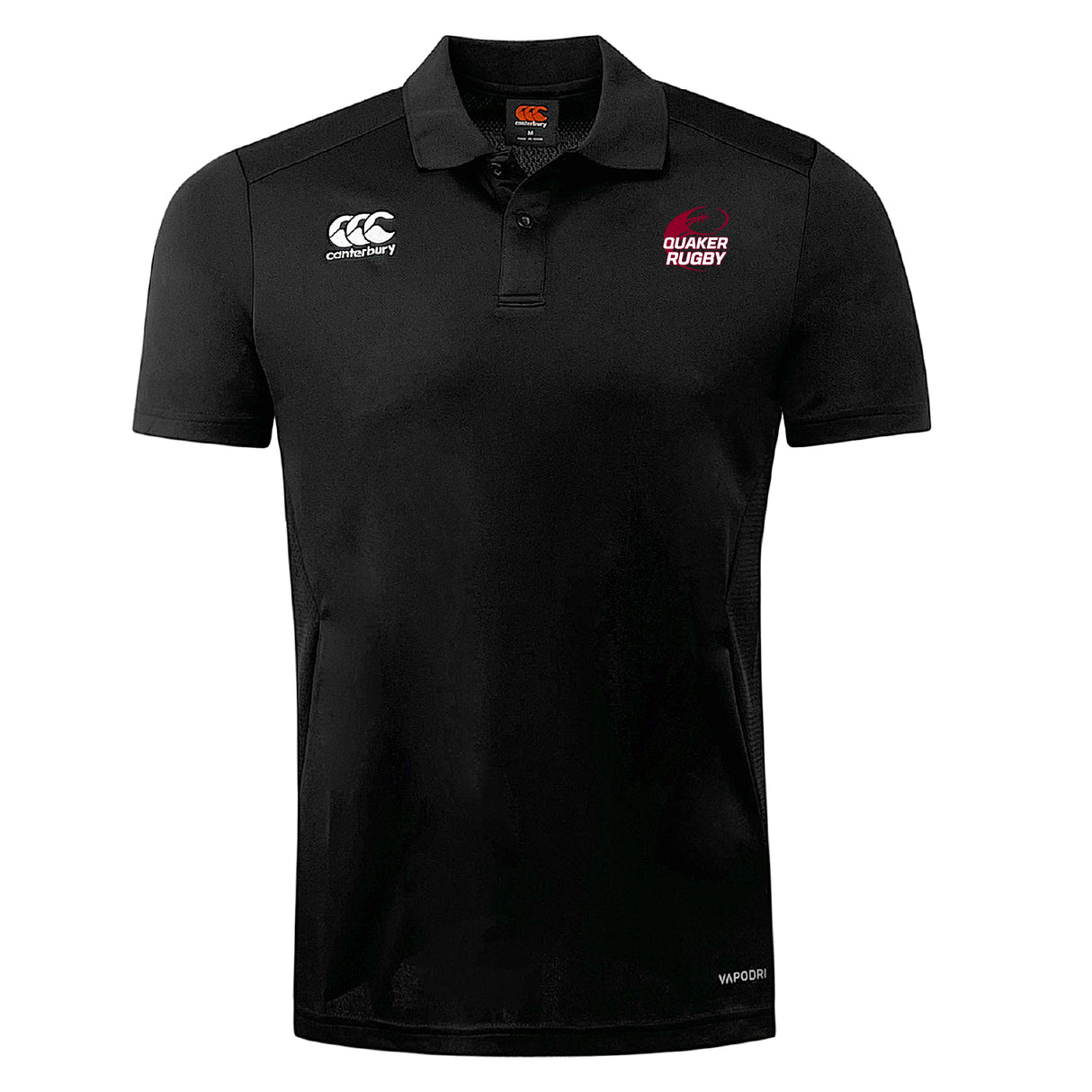 The Guilford College Club Dry Polo by EMB Canterbury is a black polo with “Canterbury” and “Quaker Rugby” chest logos, a collared button neckline, and Vapodri Technology for breathable comfort.