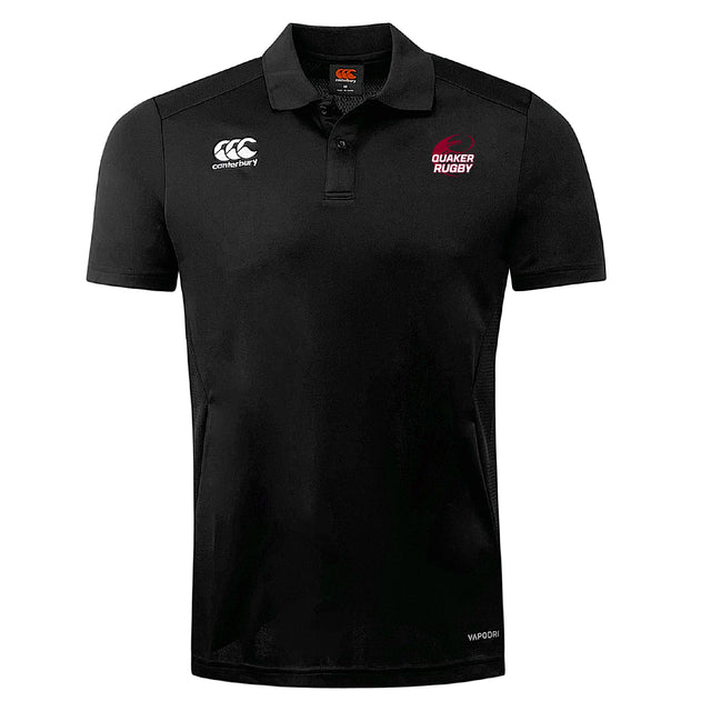 The Guilford College Club Dry Polo by EMB Canterbury is a black polo with “Canterbury” and “Quaker Rugby” chest logos, a collared button neckline, and Vapodri Technology for breathable comfort.