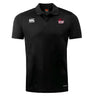 The Guilford College Club Dry Polo by EMB Canterbury is a black polo with “Canterbury” and “Quaker Rugby” chest logos, a collared button neckline, and Vapodri Technology for breathable comfort.