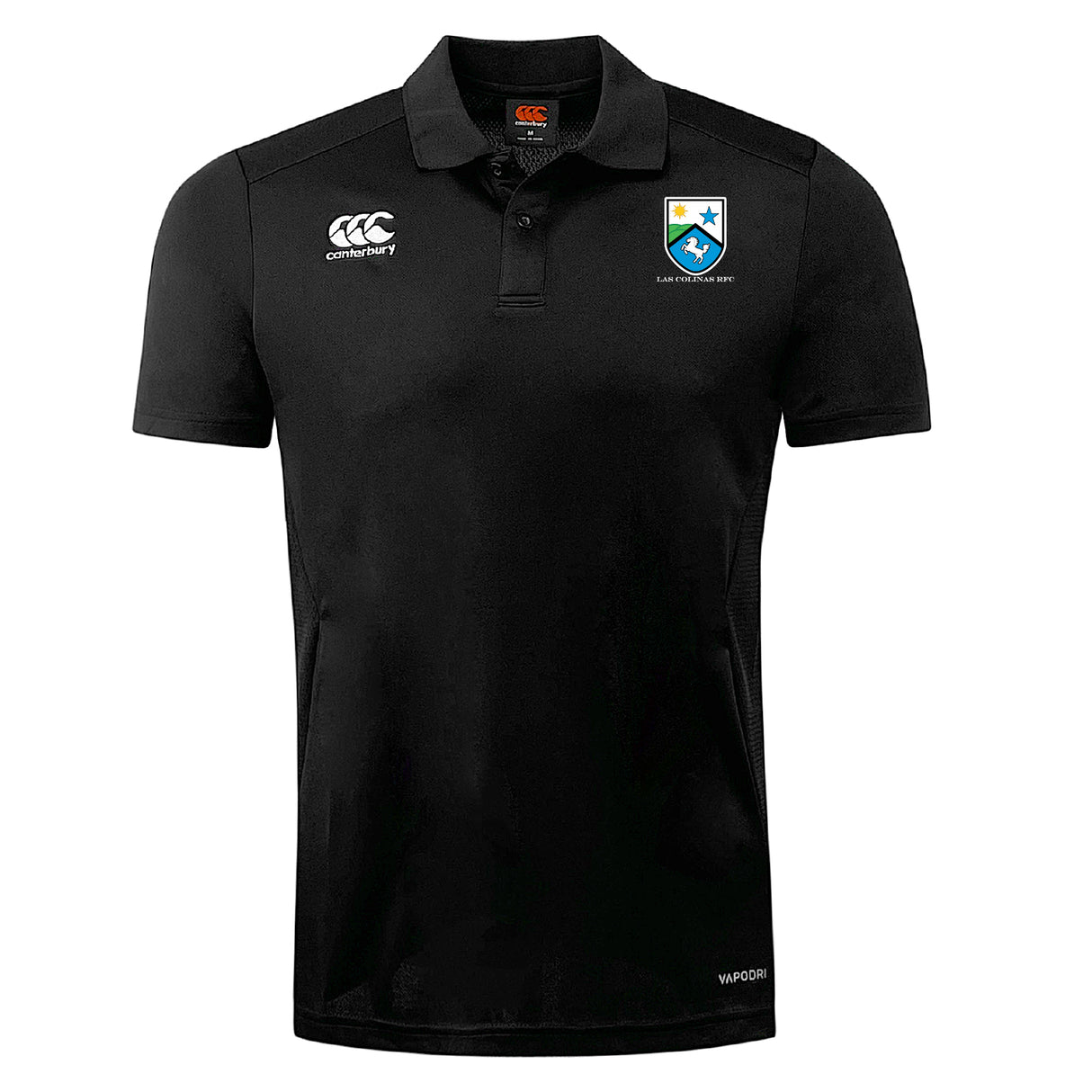 The Las Colinas Rugby Club Dry Polo by EMB Canterbury is a black short-sleeve polo with collar, featuring the Canterbury logo and a blue/white shield crest on the chest. Vapodri Technology ensures maximum breathability.