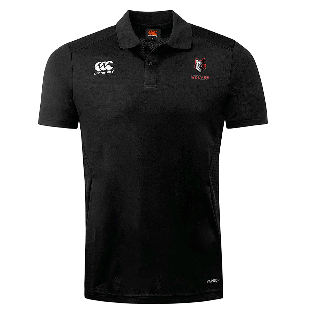 The Lincoln Wolves Club Dry Polo by EMB Canterbury is a black, short-sleeve collared shirt with Vapodri technology, featuring the Canterbury logo and a wolf emblem with "WOLVES" text on the chest.