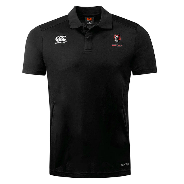 The Lincoln Wolves Club Dry Polo by EMB Canterbury is a black, short-sleeve collared shirt with Vapodri technology, featuring the Canterbury logo and a wolf emblem with "WOLVES" text on the chest.