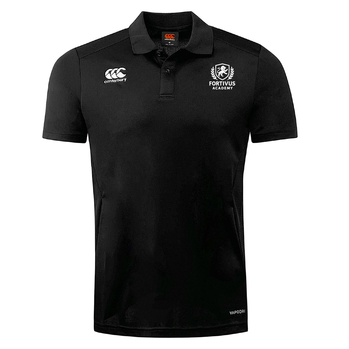 The Fortivus Academy Club Dry Polo by EMB Canterbury is a black, short-sleeve polo with a collar, chest logos, and breathable Vapodri technology for comfort.