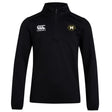 The Monarch Rugby Club 1/4 Zip Mid Layer Training Top by EMB Canterbury is a black long-sleeve training top with a Canterbury logo on the right chest and a gold and black "M" emblem, ideal for custom rugby apparel.