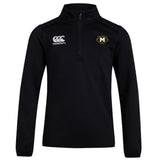 The Monarch Rugby Club 1/4 Zip Mid Layer Training Top by EMB Canterbury is a black long-sleeve training top with a Canterbury logo on the right chest and a gold and black "M" emblem, ideal for custom rugby apparel.