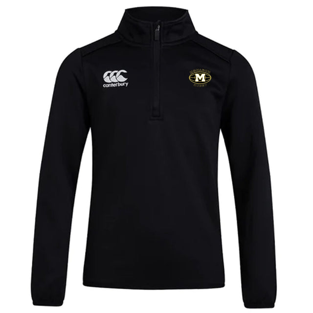 The Monarch Rugby Club 1/4 Zip Mid Layer Training Top by EMB Canterbury is a black long-sleeve training top with a Canterbury logo on the right chest and a gold and black "M" emblem, ideal for custom rugby apparel.