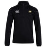 The Monarch Rugby Club 1/4 Zip Mid Layer Training Top by EMB Canterbury is a black long-sleeve training top with a Canterbury logo on the right chest and a gold and black "M" emblem, ideal for custom rugby apparel.