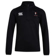 The Lincoln Wolves Club 1/4 Zip Mid Layer Training Top by EMB Canterbury features a black design with a white Canterbury logo on the right chest and a red and white Wolves logo on the left, blending performance with comfort in custom-made sportswear.