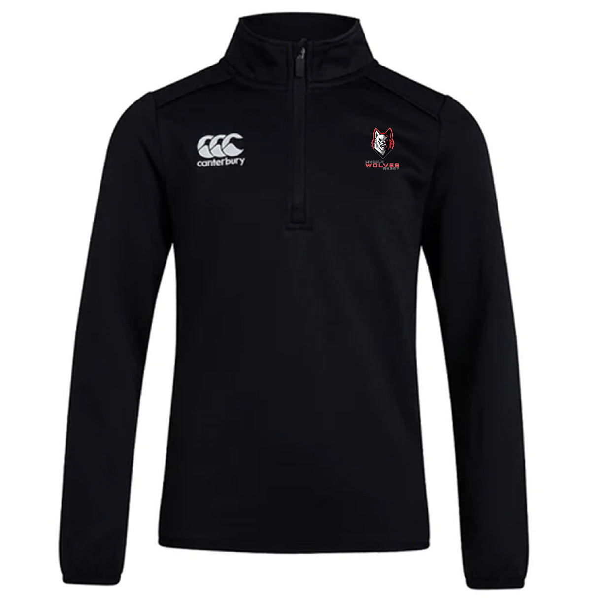 The Lincoln Wolves Club 1/4 Zip Mid Layer Training Top by EMB Canterbury features a black design with a white Canterbury logo on the right chest and a red and white Wolves logo on the left, blending performance with comfort in custom-made sportswear.