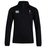 The Lincoln Wolves Club 1/4 Zip Mid Layer Training Top by EMB Canterbury features a black design with a white Canterbury logo on the right chest and a red and white Wolves logo on the left, blending performance with comfort in custom-made sportswear.