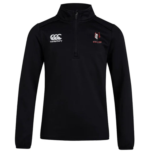 The Lincoln Wolves Club 1/4 Zip Mid Layer Training Top by EMB Canterbury features a black design with a white Canterbury logo on the right chest and a red and white Wolves logo on the left, blending performance with comfort in custom-made sportswear.