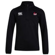 The Guilford College Club 1/4 Zip Mid Layer Training Top by EMB Canterbury is a black training top with the Canterbury logo on the right chest and a Quaker Rugby badge on the left—ideal for rugby or custom team sportswear.