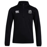The EMB Canterbury Fortivus Academy Club 1/4 Zip Mid Layer Training Top is a black long-sleeve jacket featuring the Canterbury logo and Fortivius Academy emblem—ideal for rugby training or as custom team sportswear.