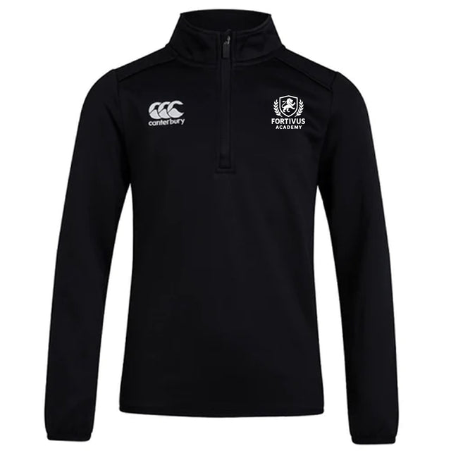 The EMB Canterbury Fortivus Academy Club 1/4 Zip Mid Layer Training Top is a black long-sleeve jacket featuring the Canterbury logo and Fortivius Academy emblem—ideal for rugby training or as custom team sportswear.
