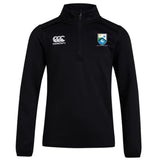 The Las Colinas Rugby Club 1/4 Zip Mid Layer Training Top by EMB Canterbury is a black long-sleeve top with the Canterbury logo on the right chest and the blue and white team crest on the left, ideal for rugby training.
