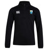 The Las Colinas Rugby Club 1/4 Zip Mid Layer Training Top by EMB Canterbury is a black long-sleeve top with the Canterbury logo on the right chest and the blue and white team crest on the left, ideal for rugby training.