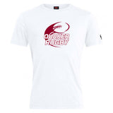 The Guilford College Club Plain Tee by WRS Canterbury is a cotton blend shirt with a maroon rugby ball graphic and "Quaker Rugby" printed on the chest.