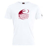 The Guilford College Club Plain Tee by WRS Canterbury is a cotton blend shirt with a maroon rugby ball graphic and "Quaker Rugby" printed on the chest.