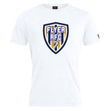 The Franklin County High School Rugby Club Plain Tee by WRS Canterbury is a white cotton blend with a large "FLYER RFC" eagle shield logo on the chest, customizable design, and a small black emblem on the left sleeve.