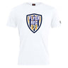 The Franklin County High School Rugby Club Plain Tee by WRS Canterbury is a white cotton blend with a large "FLYER RFC" eagle shield logo on the chest, customizable design, and a small black emblem on the left sleeve.