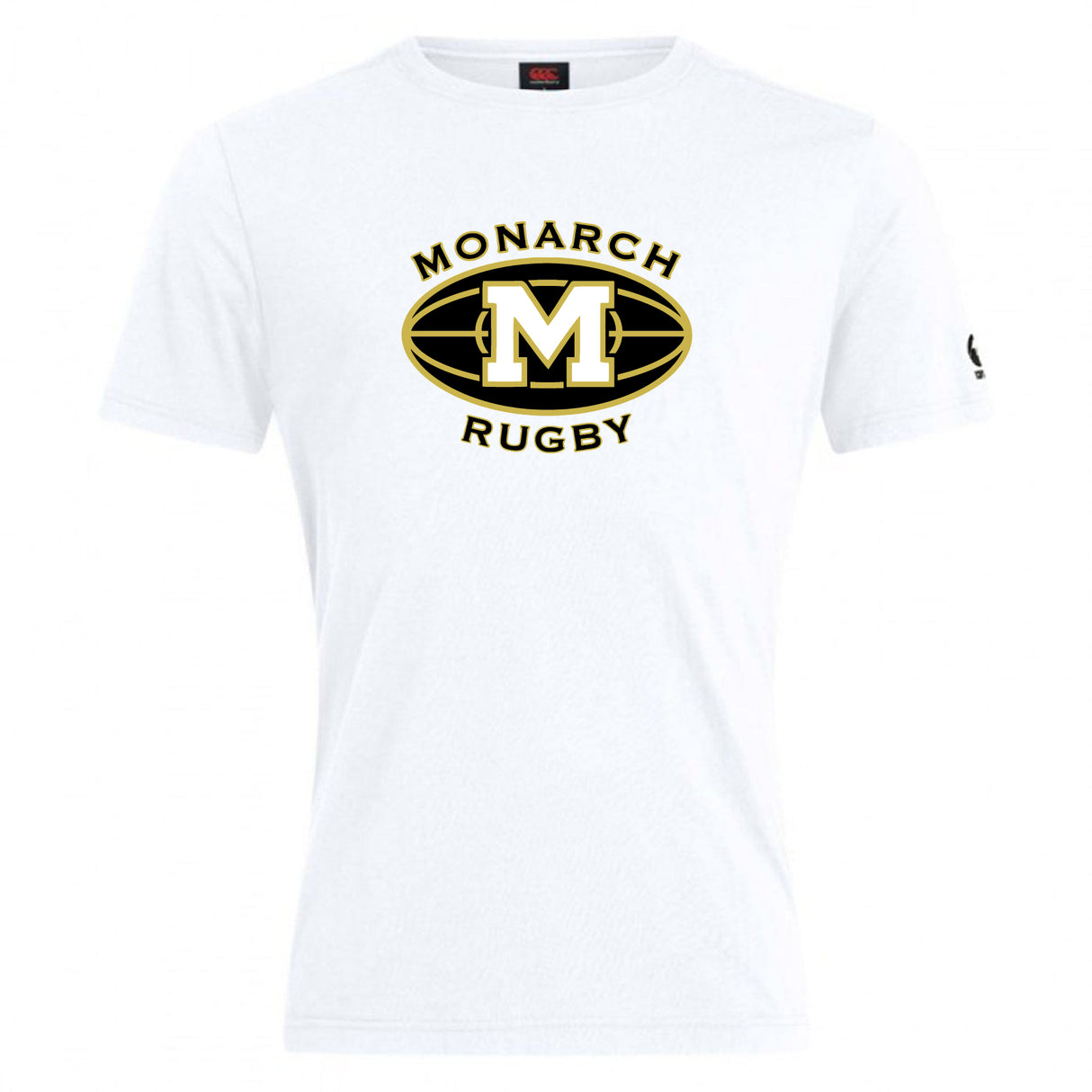 The Monarch Rugby Club Club Plain Tee by WRS Canterbury is a white cotton blend shirt featuring a black and gold oval logo with a large "M" and "Monarch Rugby" on the front, ideal as a customizable tee for fans or players.
