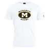 The Monarch Rugby Club Club Plain Tee by WRS Canterbury is a white cotton blend shirt featuring a black and gold oval logo with a large "M" and "Monarch Rugby" on the front, ideal as a customizable tee for fans or players.