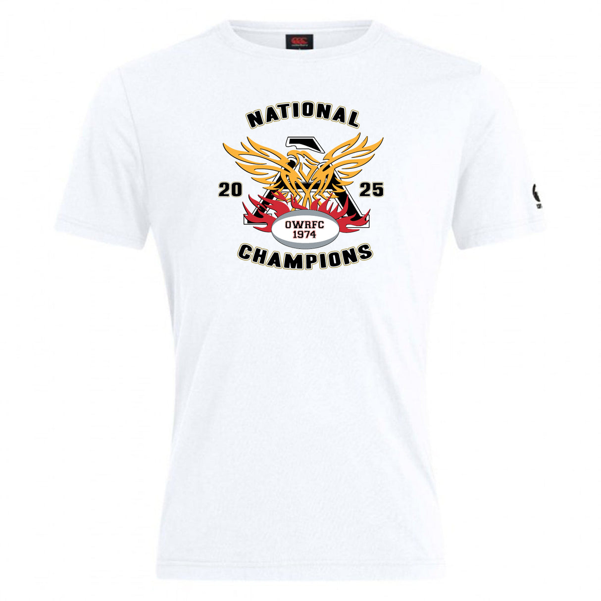 The Atlanta Old White Rugby Champs Club Plain Tee by WRS Canterbury features a "National Champions 2025 OWRFC 1974" graphic and gold, red, and black eagle design—ideal customizable wear for fans and supporters.