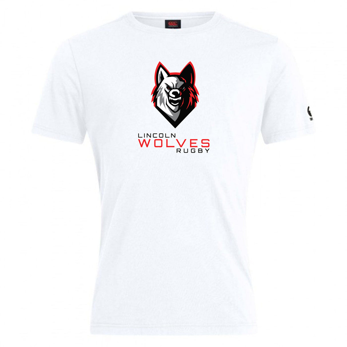 The Lincoln Wolves Club Plain Tee by WRS Canterbury is a white cotton-blend t-shirt with a stylized wolf head and "Lincoln Wolves Rugby" logo on the front. This customizable tee combines comfort and team spirit for every fan.