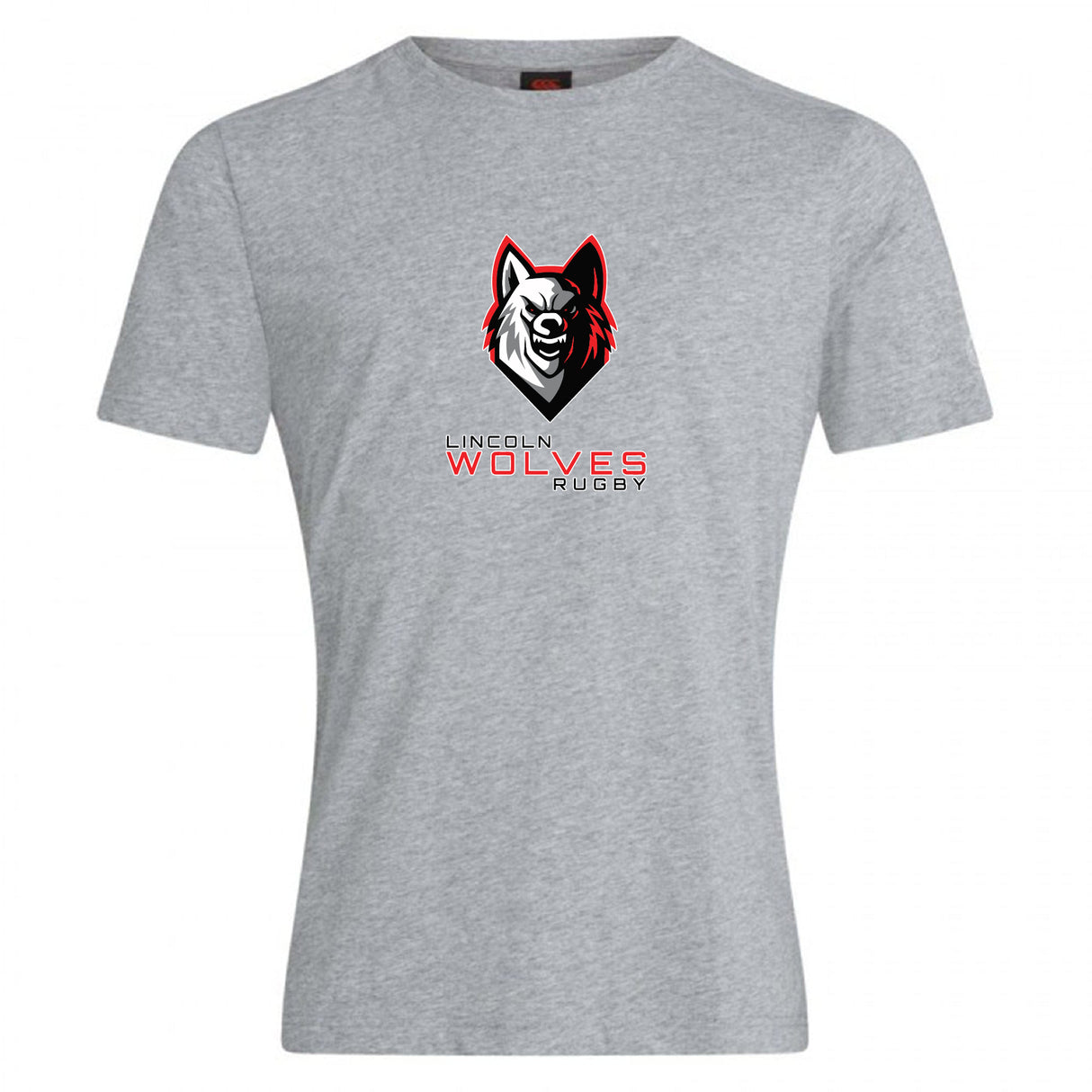 The Lincoln Wolves Club Plain Tee by WRS Canterbury is a gray cotton blend shirt featuring a wolf head graphic and "Lincoln Wolves Rugby" text in black and red on the front.