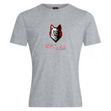 The Lincoln Wolves Club Plain Tee by WRS Canterbury is a gray cotton blend shirt featuring a wolf head graphic and "Lincoln Wolves Rugby" text in black and red on the front.