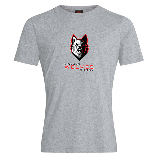 The Lincoln Wolves Club Plain Tee by WRS Canterbury is a gray cotton blend shirt featuring a wolf head graphic and "Lincoln Wolves Rugby" text in black and red on the front.