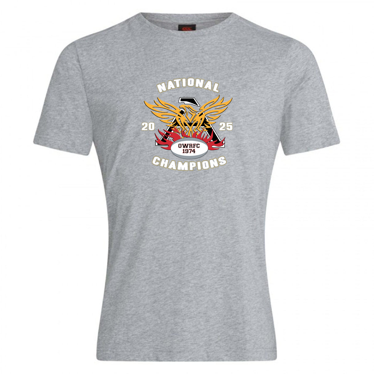 The Atlanta Old White Rugby Champs Club Plain Tee by WRS Canterbury is a gray cotton blend shirt with an eagle, a rugby ball, and “NATIONAL CHAMPIONS 2025 OWRFC 1974” graphic.