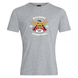 The Atlanta Old White Rugby Champs Club Plain Tee by WRS Canterbury is a gray cotton blend shirt with an eagle, a rugby ball, and “NATIONAL CHAMPIONS 2025 OWRFC 1974” graphic.