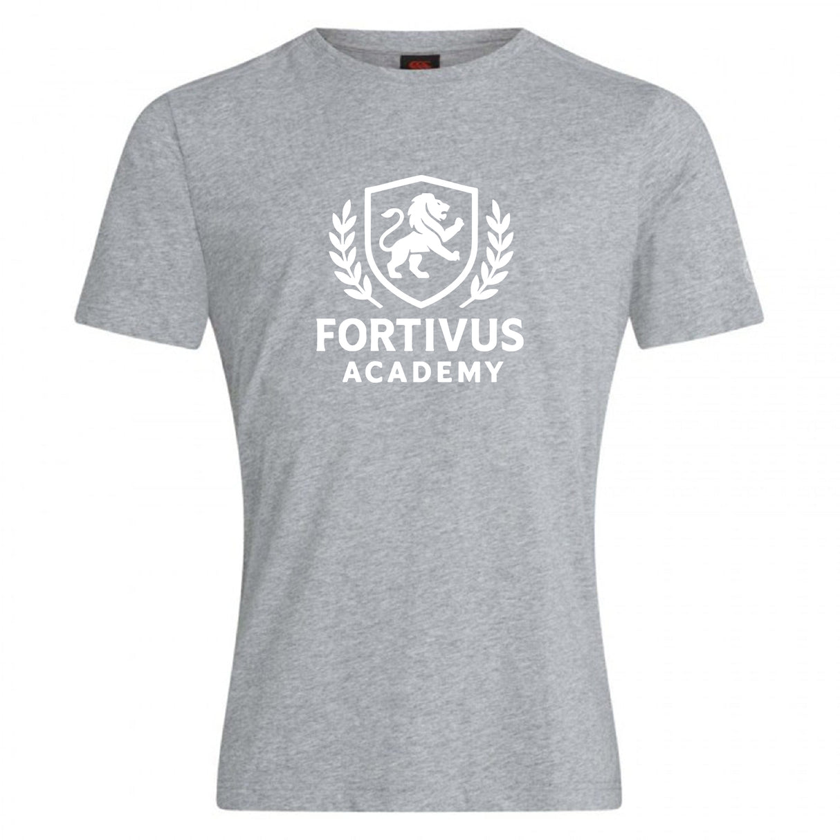The Fortivus Academy Club Plain Tee by WRS Canterbury is a light grey cotton blend t-shirt featuring a white lion crest, laurel wreath, and "FORTIVUS ACADEMY" on the front—a stylish choice for everyday wear.