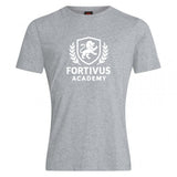 The Fortivus Academy Club Plain Tee by WRS Canterbury is a light grey cotton blend t-shirt featuring a white lion crest, laurel wreath, and "FORTIVUS ACADEMY" on the front—a stylish choice for everyday wear.