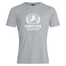 The Fortivus Academy Club Plain Tee by WRS Canterbury is a light grey cotton blend t-shirt featuring a white lion crest, laurel wreath, and "FORTIVUS ACADEMY" on the front—a stylish choice for everyday wear.