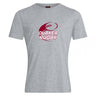 The Guilford College Club Plain Tee by WRS Canterbury is a gray short-sleeve cotton blend shirt with a maroon rugby ball graphic and "Quaker Rugby" in white and maroon on the chest.