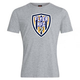 The Franklin County High School Rugby Club Plain Tee by WRS Canterbury is a light gray cotton blend shirt featuring a large, shield-shaped "FLYER RFC" logo with an eagle on the chest.
